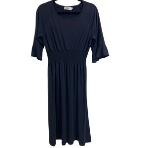 Sign Here Navy Blue Smocked Waist Ruffle Sleeve Midi Dress Womens Medium